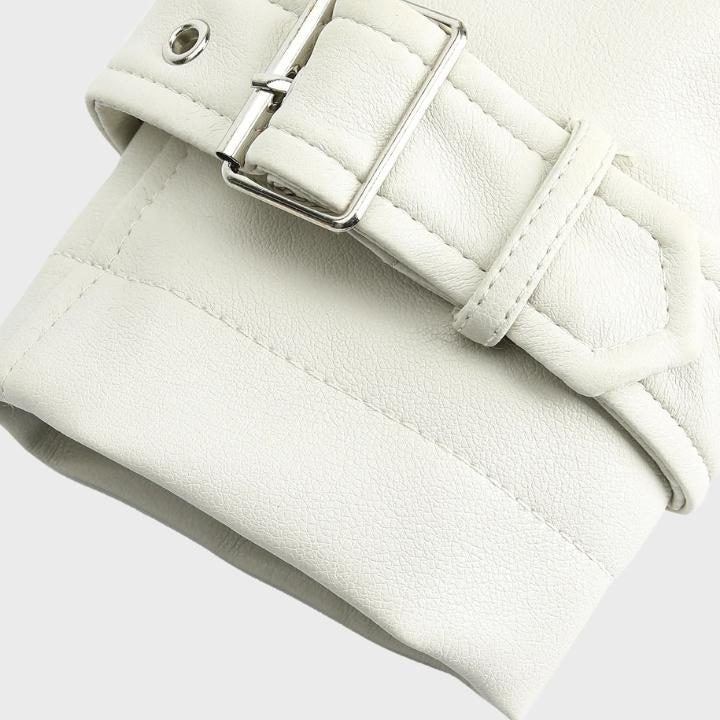 Cropped Biker Jacket with Wide Lapels and Belt - White