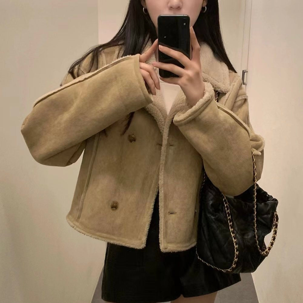 Cropped Suede-Look Jacket with Sherpa-Style Trim - Beige