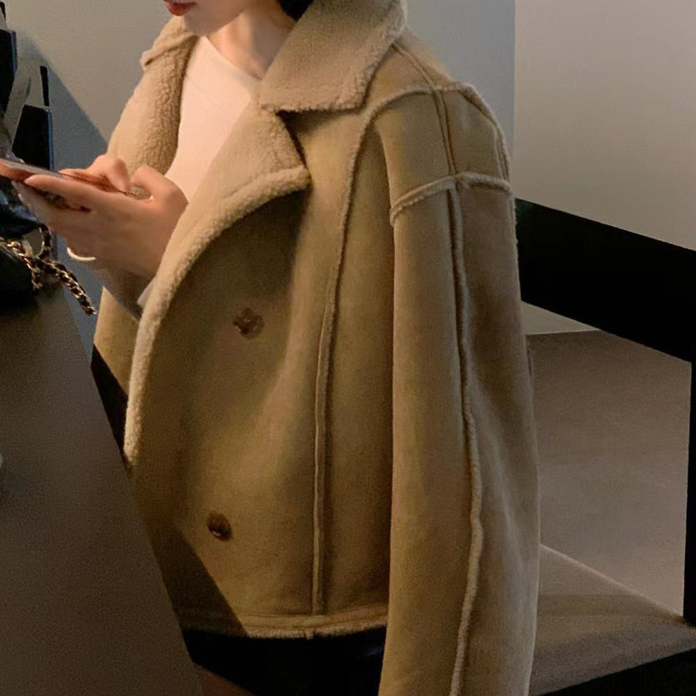 Cropped Suede-Look Jacket with Sherpa-Style Trim - Beige