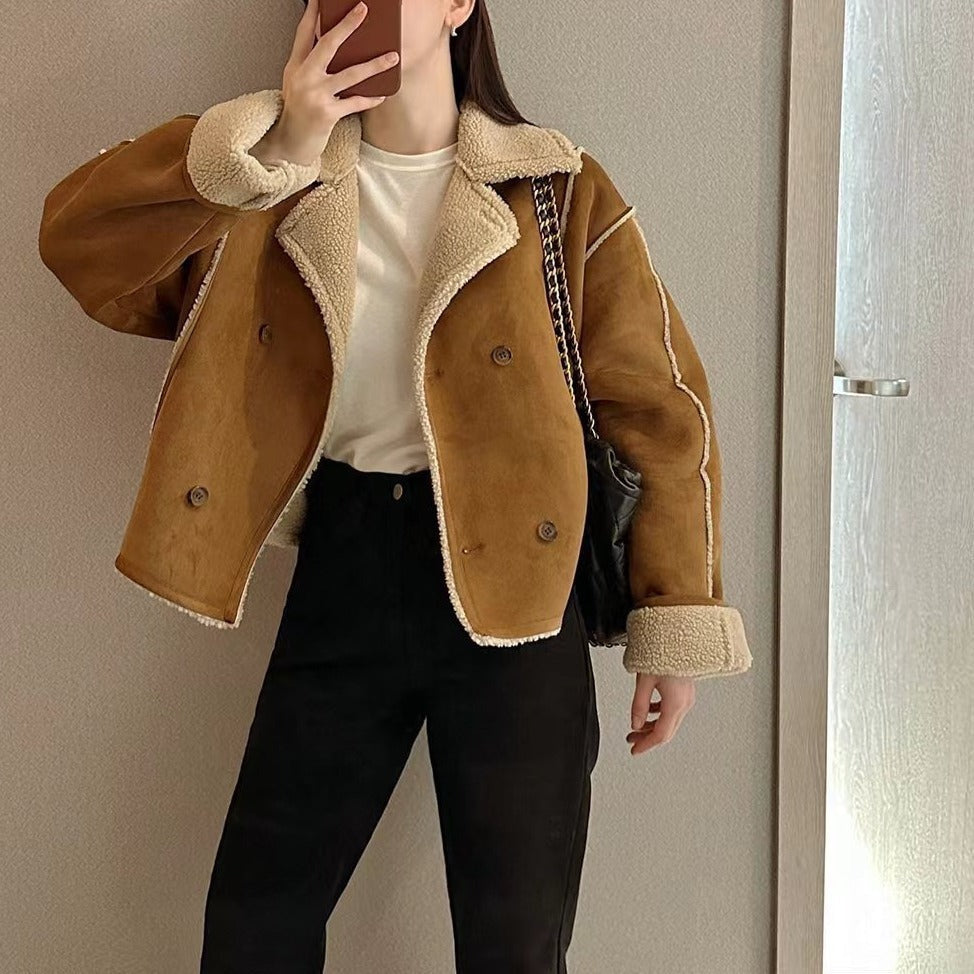 Cropped Suede-Look Jacket with Sherpa-Style Trim - Camel