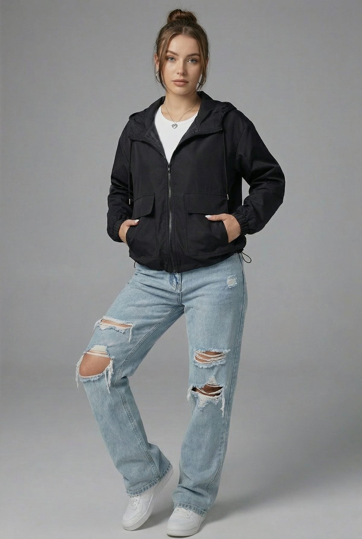 Cropped Hooded Jacket with Flap Pockets - Black