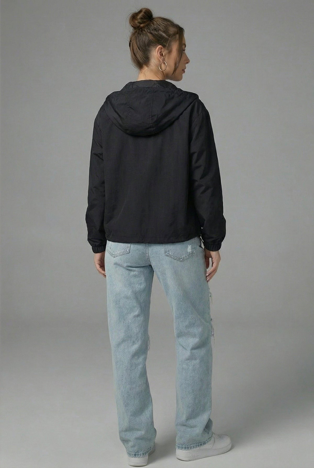Cropped Hooded Jacket with Flap Pockets - Black