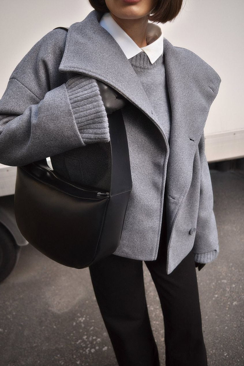 Double-Breasted Short Jacket with Wide Collar - Grey