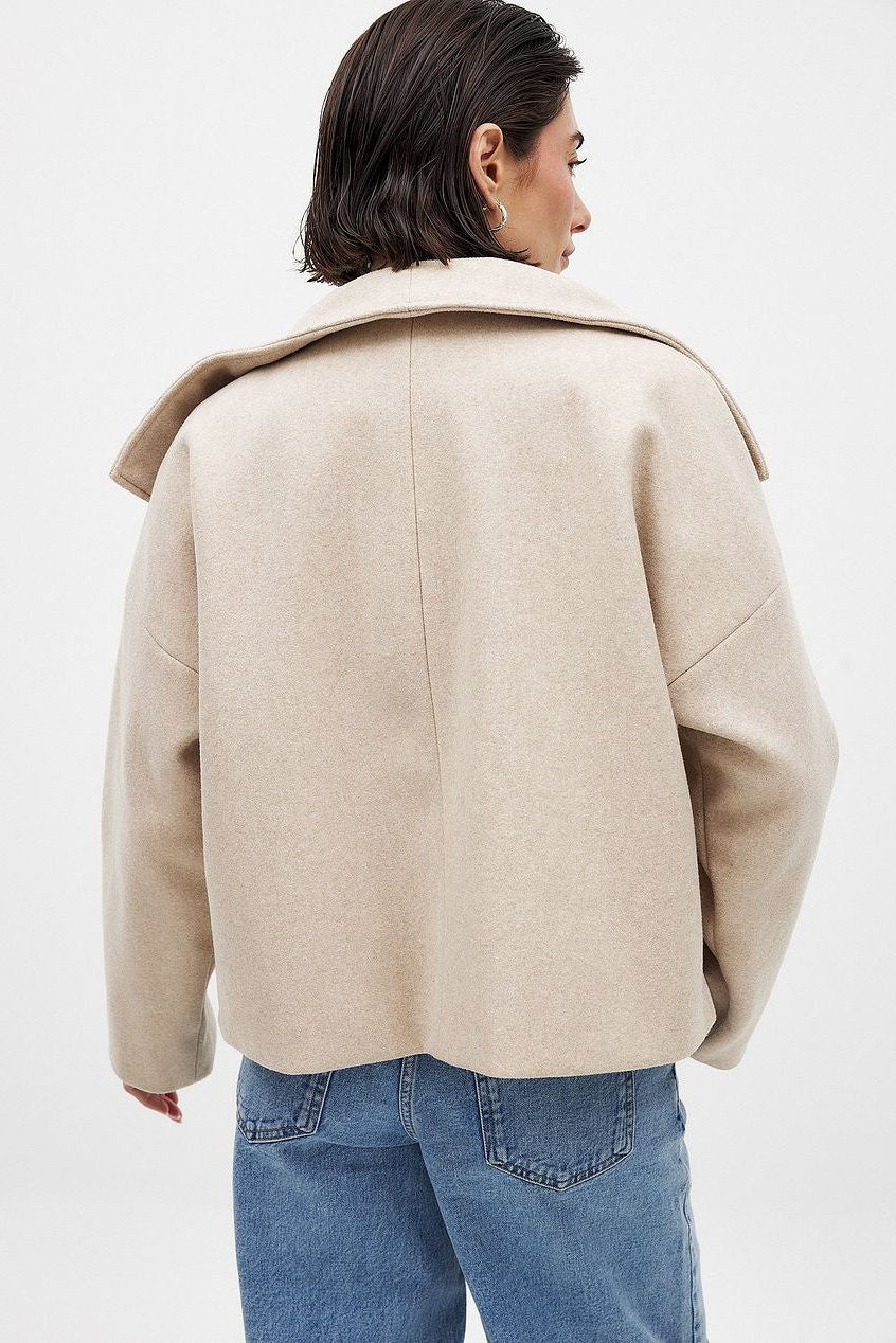 Double-Breasted Short Jacket with Wide Collar - Beige