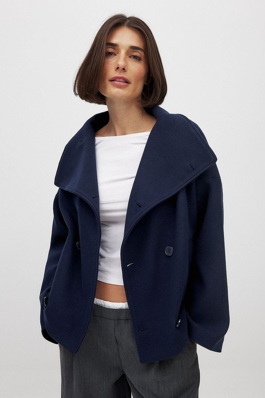 Double-Breasted Short Jacket with Wide Collar - Navy