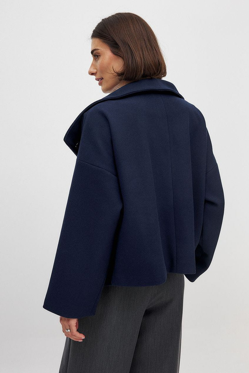 Double-Breasted Short Jacket with Wide Collar - Navy