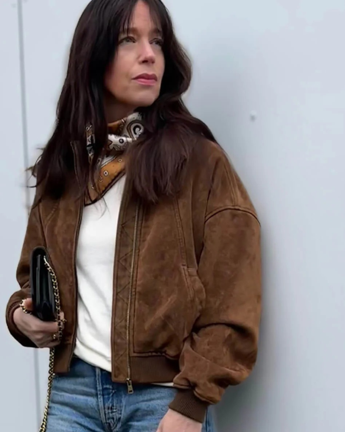 Suede-Look Bomber Jacket with Dropped Shoulders - Brown