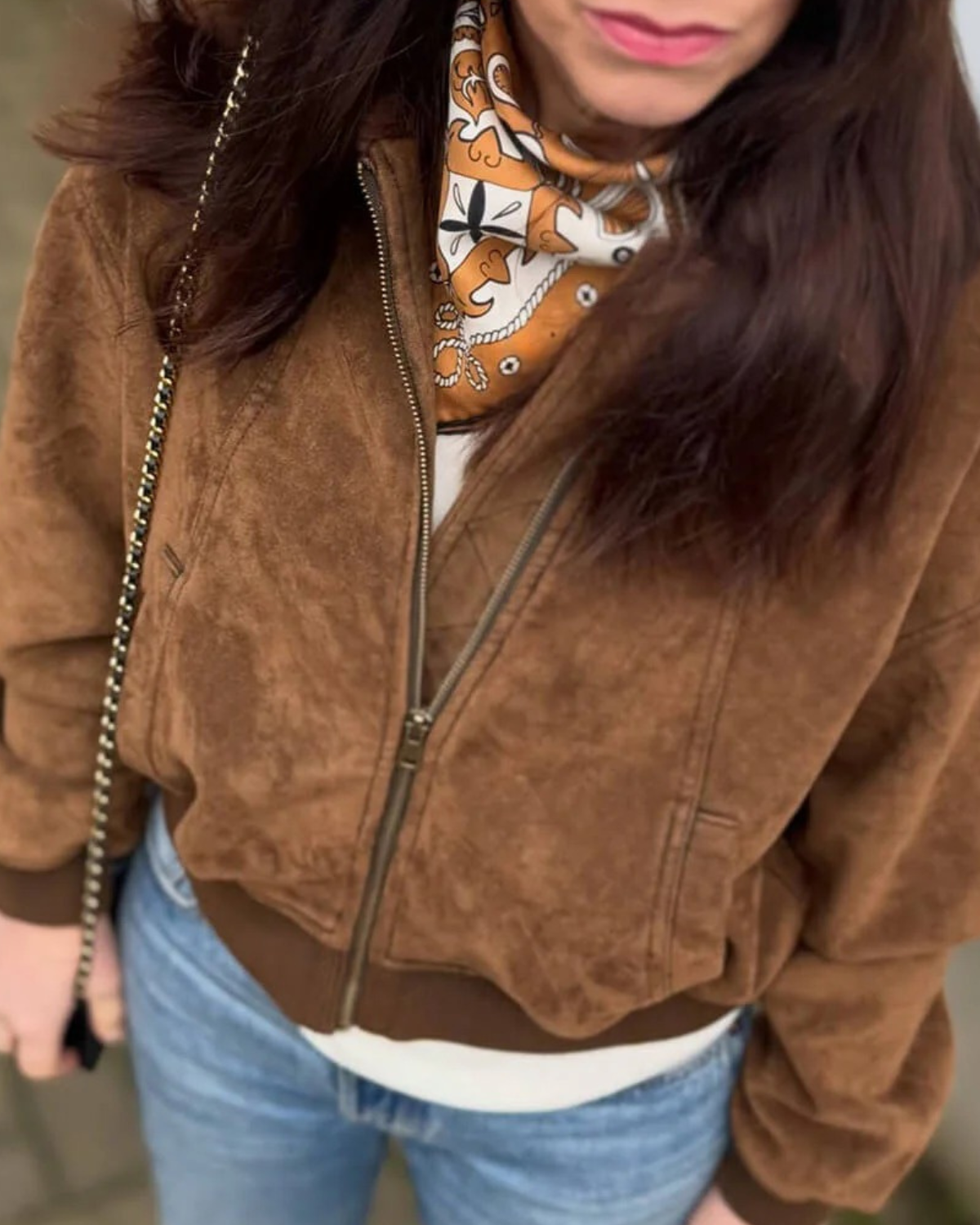 Suede-Look Bomber Jacket with Dropped Shoulders - Brown