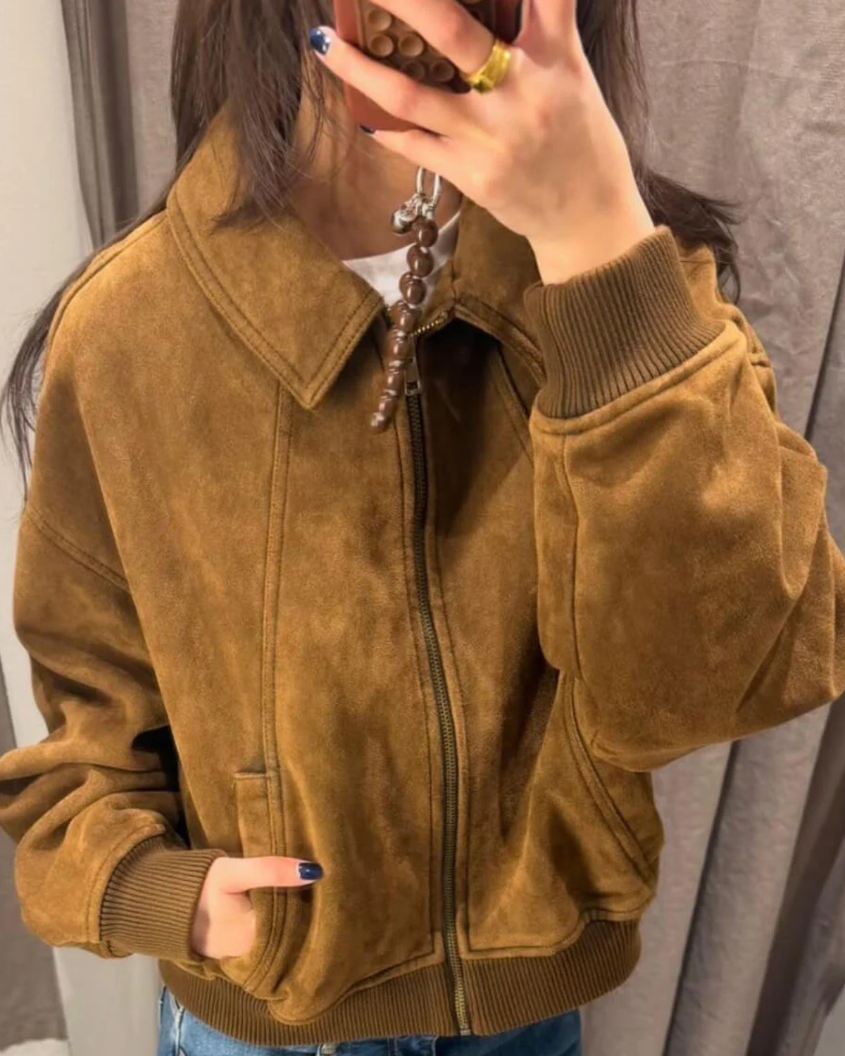 Suede-Look Bomber Jacket with Dropped Shoulders - Brown