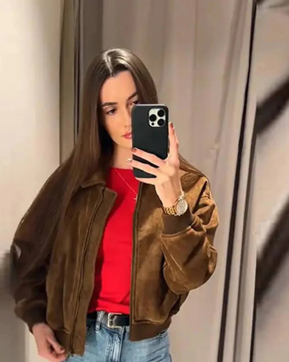 Suede-Look Bomber Jacket with Dropped Shoulders - Brown