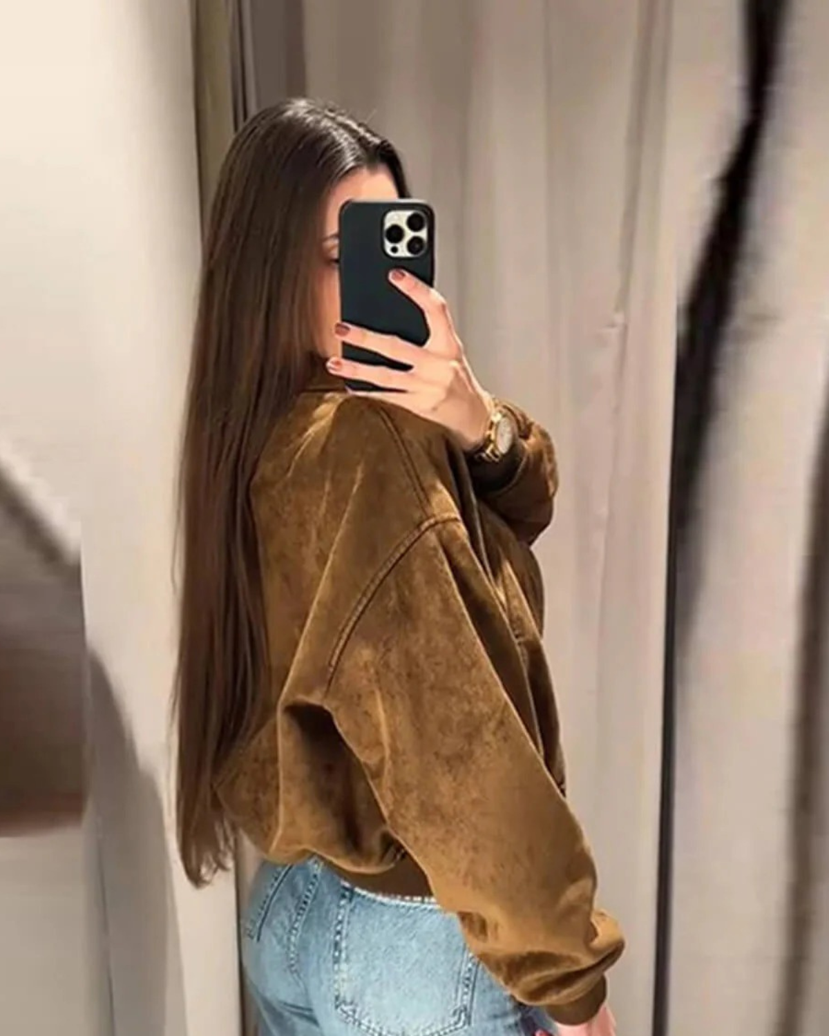 Suede-Look Bomber Jacket with Dropped Shoulders - Brown