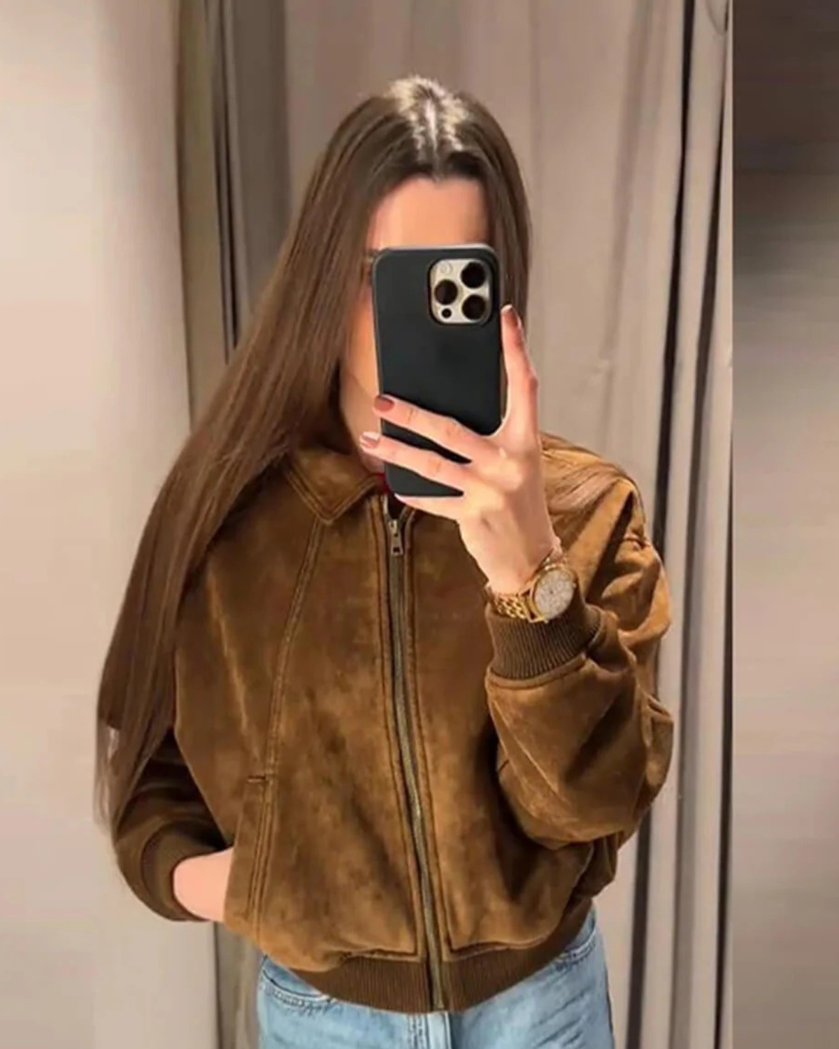 Suede-Look Bomber Jacket with Dropped Shoulders - Brown