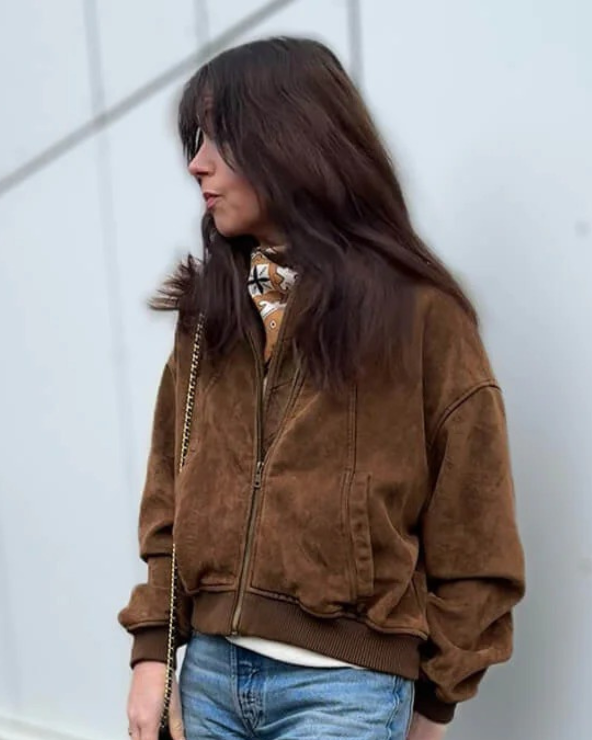 Suede-Look Bomber Jacket with Dropped Shoulders - Brown