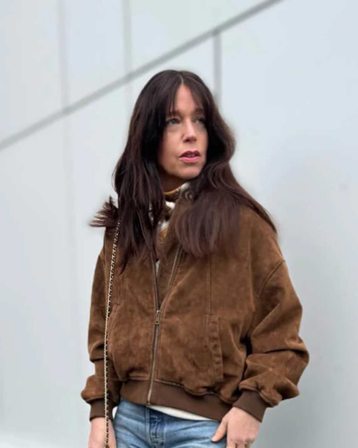 Suede-Look Bomber Jacket with Dropped Shoulders - Brown