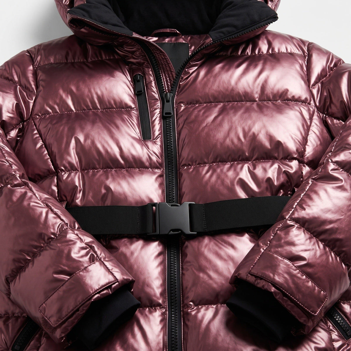 Belted Glossy Puffer Jacket - Red