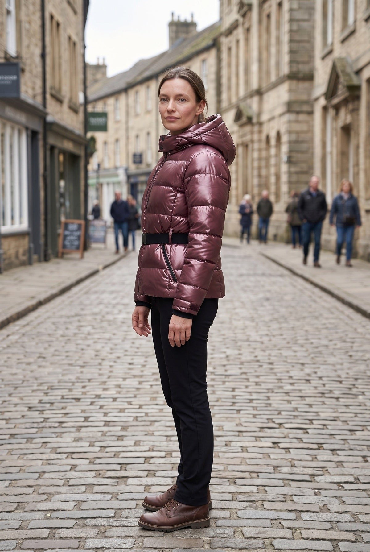 Belted Glossy Puffer Jacket - Red