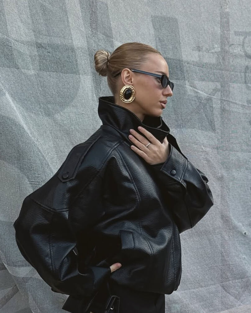 Faux Leather Funnel-Neck Jacket with Gathered Hem - Black