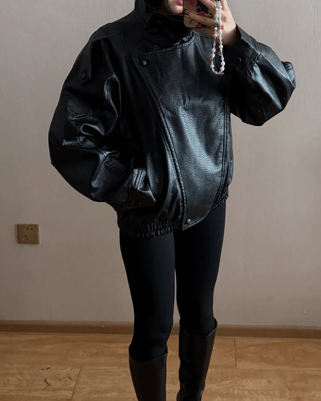 Faux Leather Funnel-Neck Jacket with Gathered Hem - Black