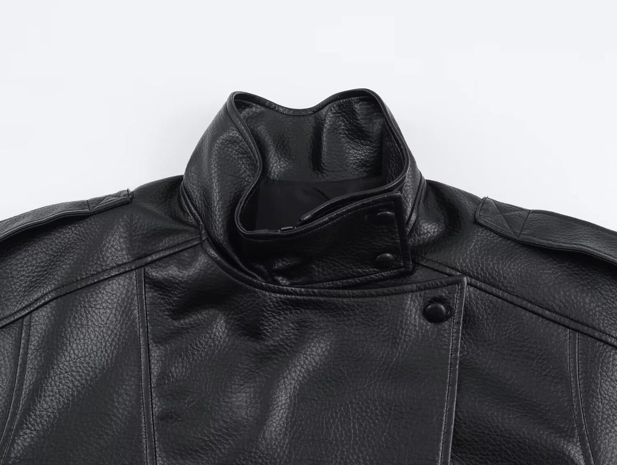 Faux Leather Funnel-Neck Jacket with Gathered Hem - Black