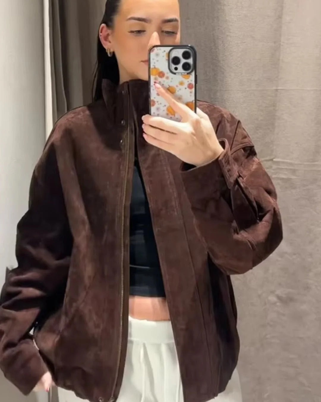 Faux Suede High-Neck Bomber Jacket - Brown