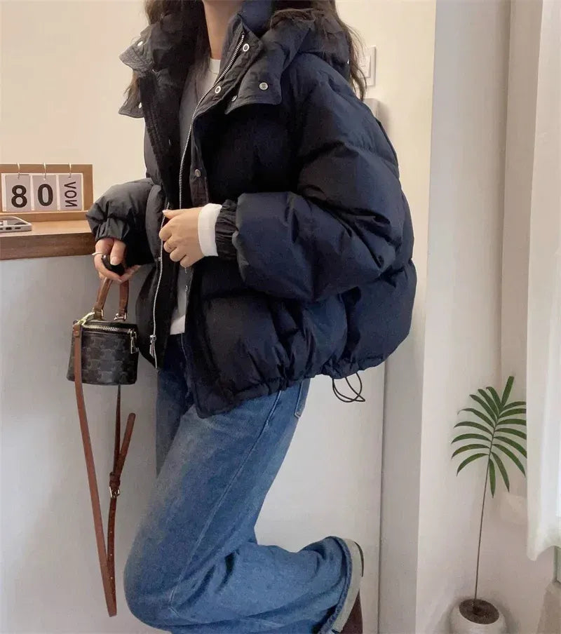 High-Neck Hooded Puffer Jacket with Snap Placket - Black