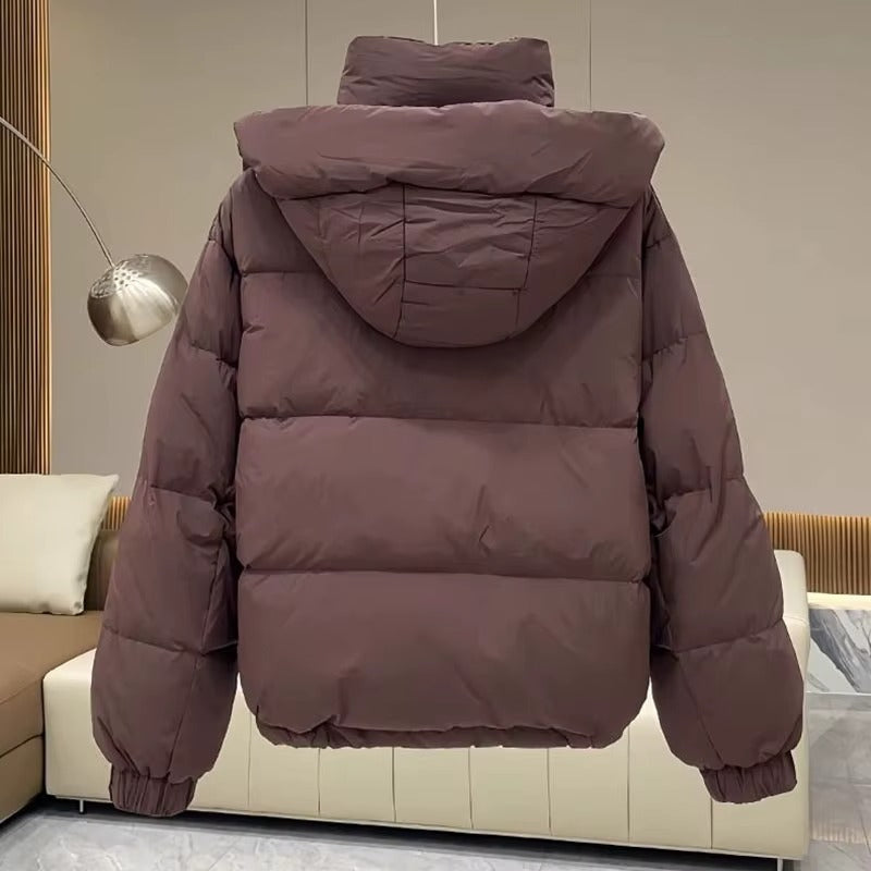 High-Neck Hooded Puffer Jacket with Snap Placket - Brown