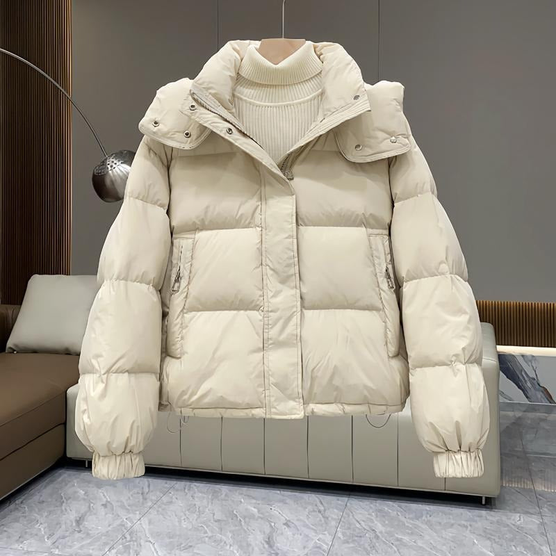 High-Neck Hooded Puffer Jacket with Snap Placket - White