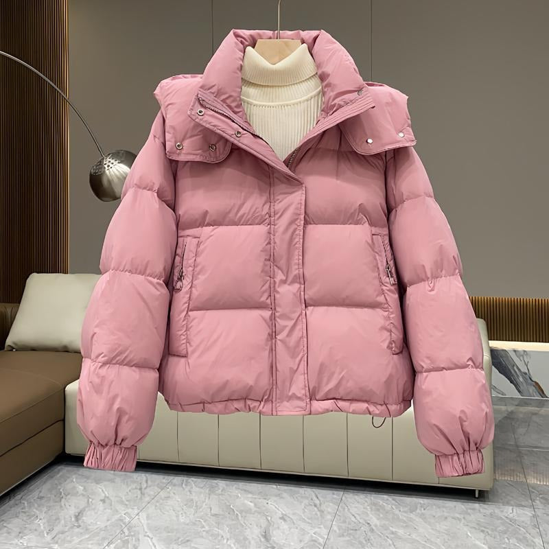 High-Neck Hooded Puffer Jacket with Snap Placket - Pink