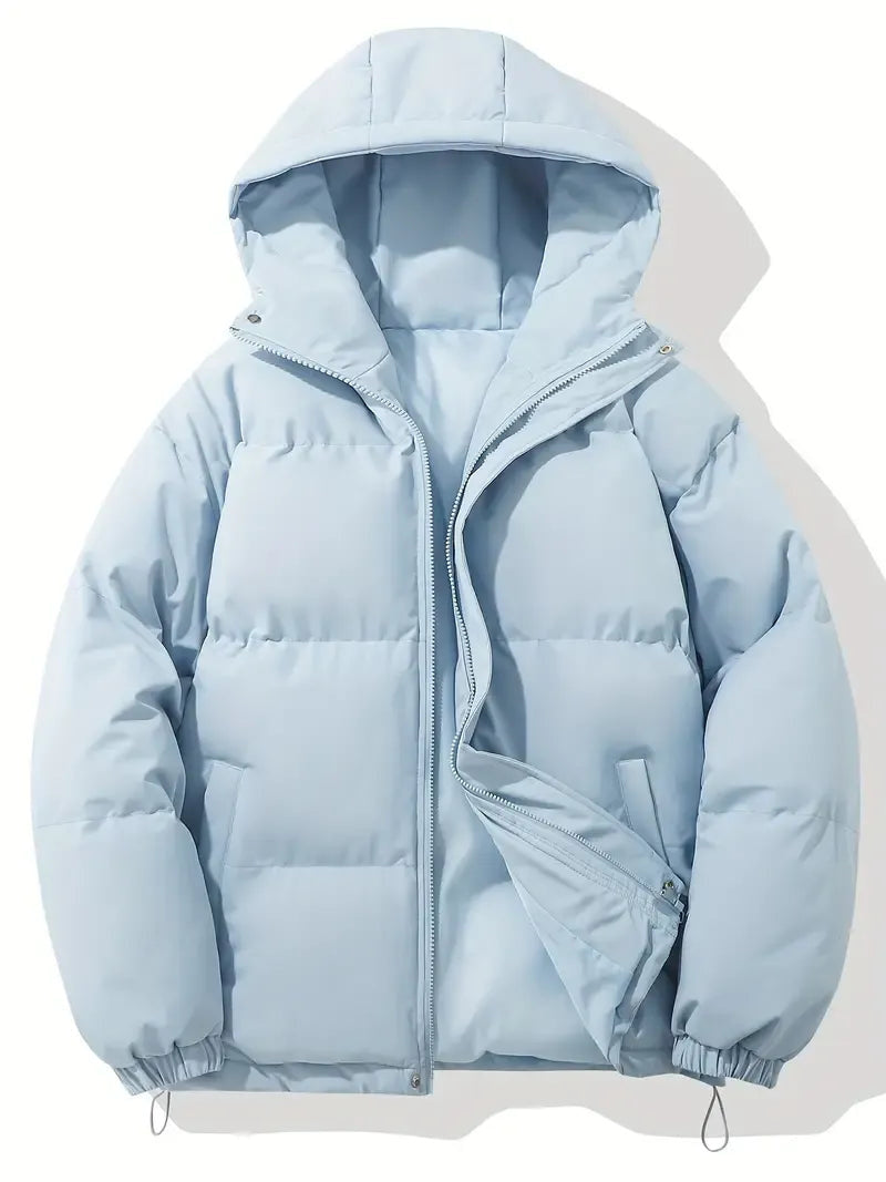 Hooded Puffer Jacket with Drawstring Hem - Light Blue