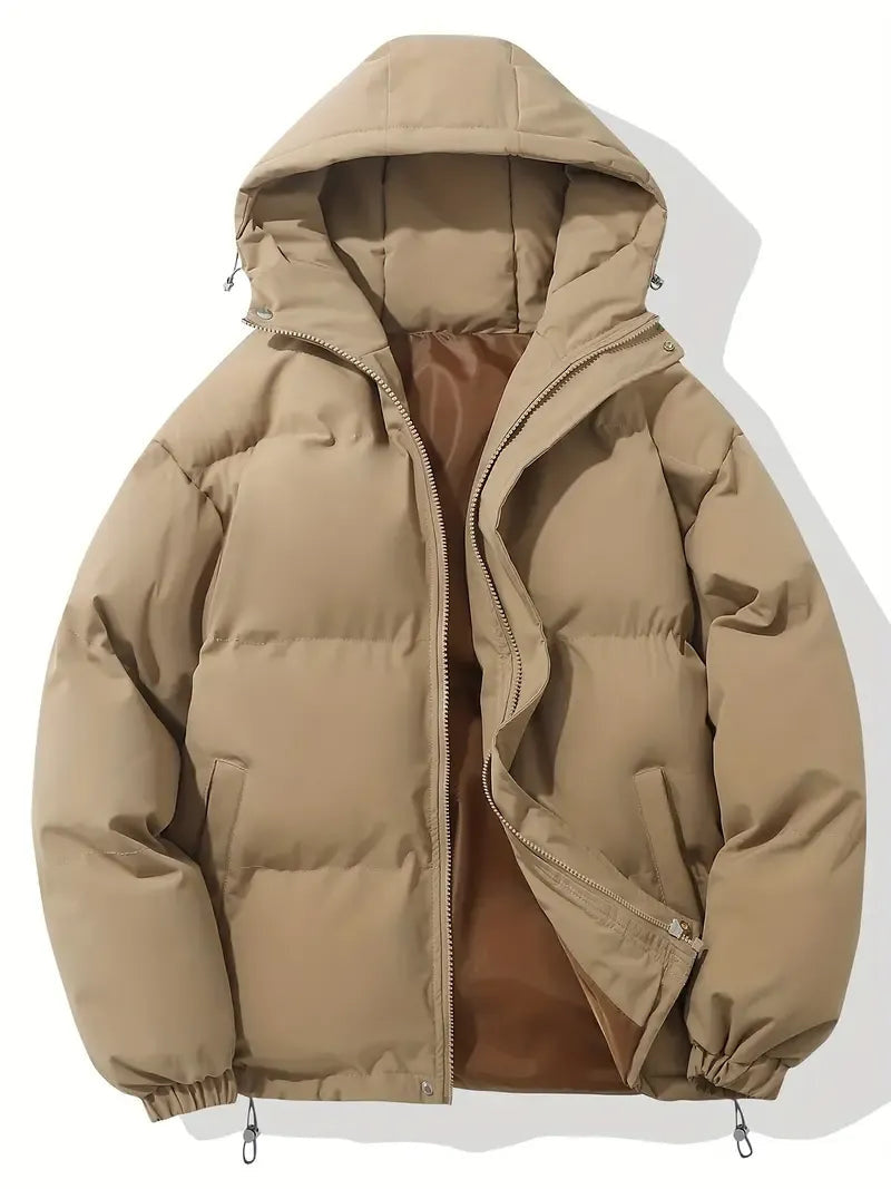 Hooded Puffer Jacket with Drawstring Hem - Khaki