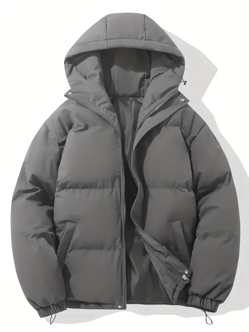 Hooded Puffer Jacket with Drawstring Hem - Dark Grey