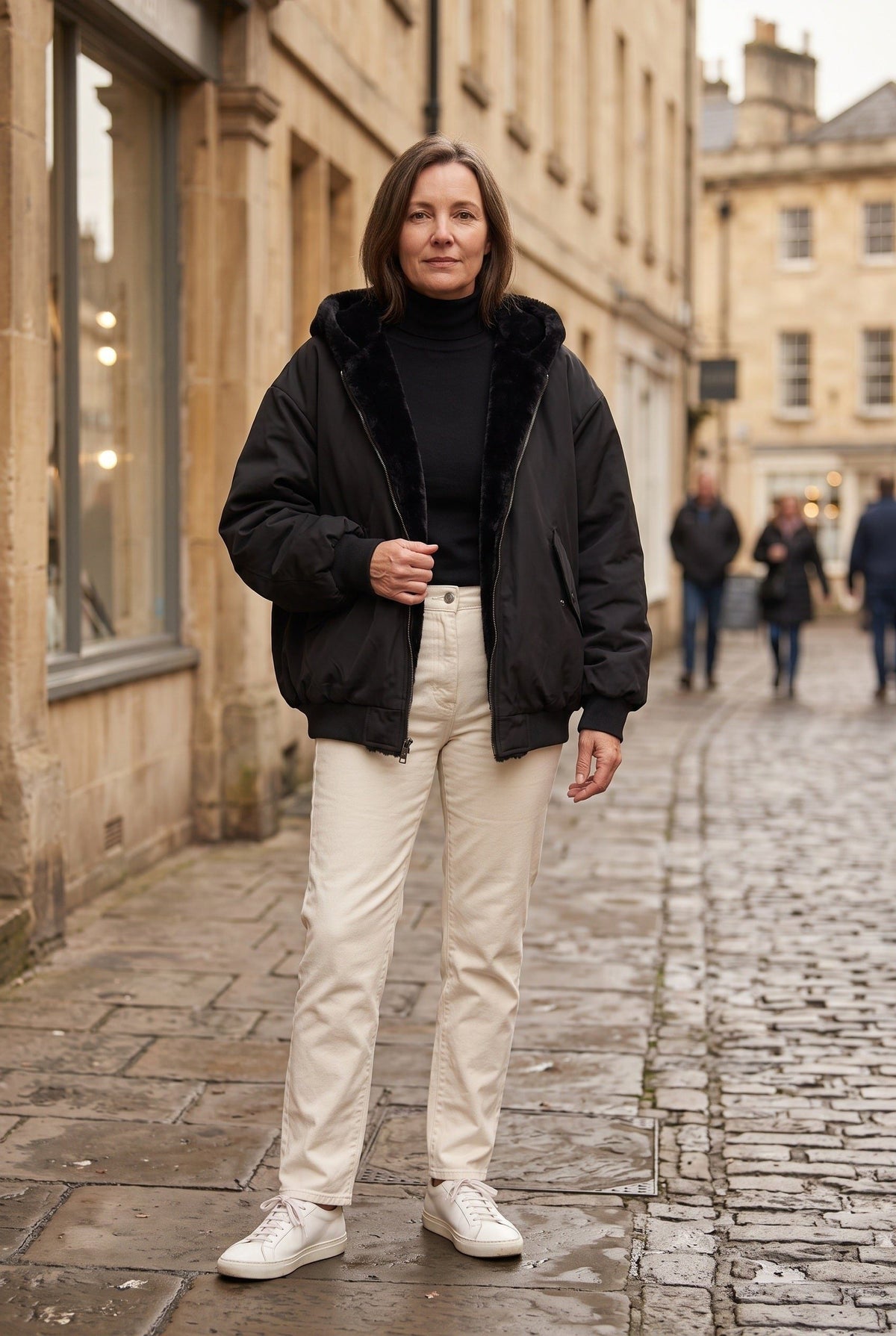 Oversized Hooded Puffer Jacket with Faux Fur Trim - Black