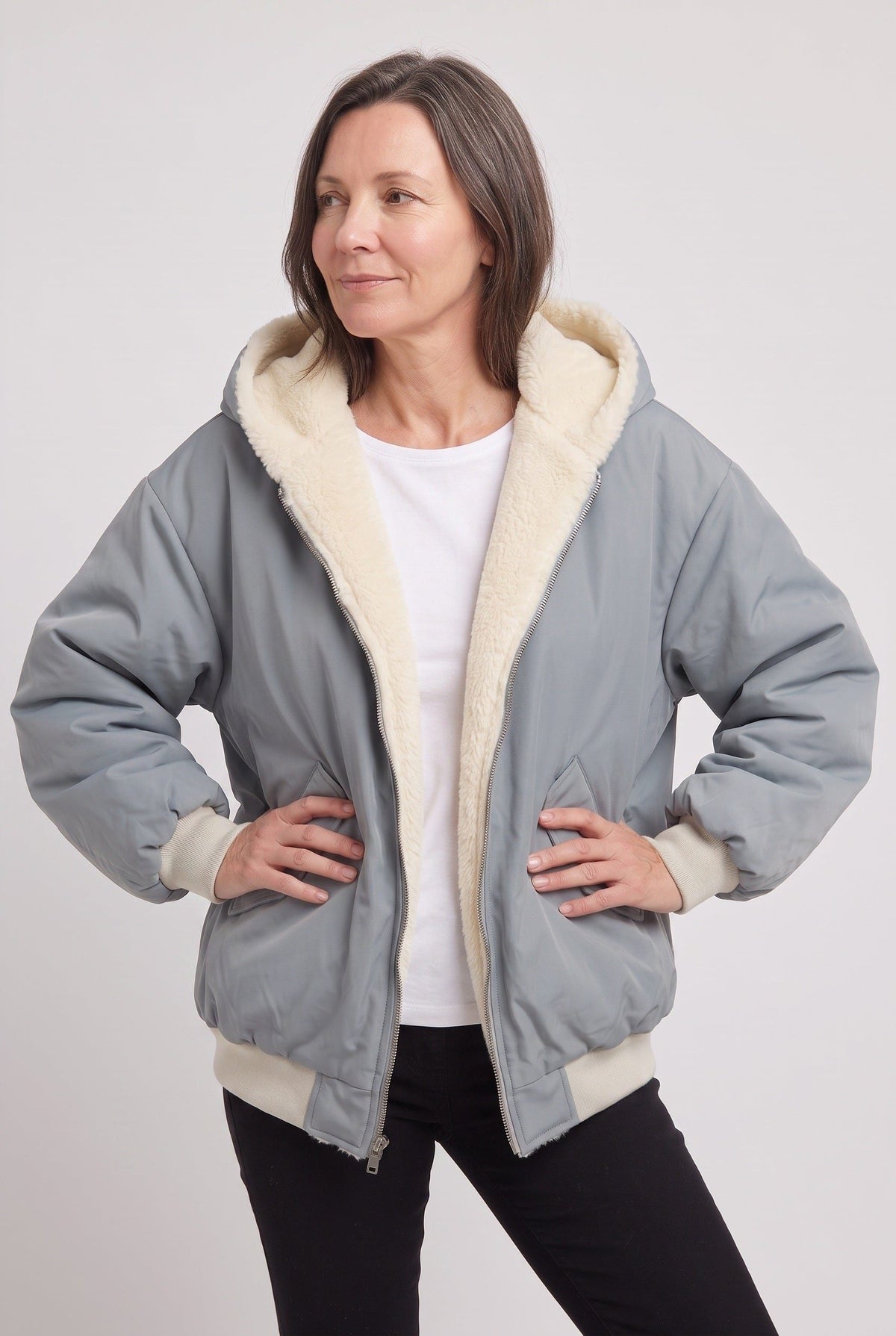 Oversized Hooded Puffer Jacket with Faux Fur Trim - Blue
