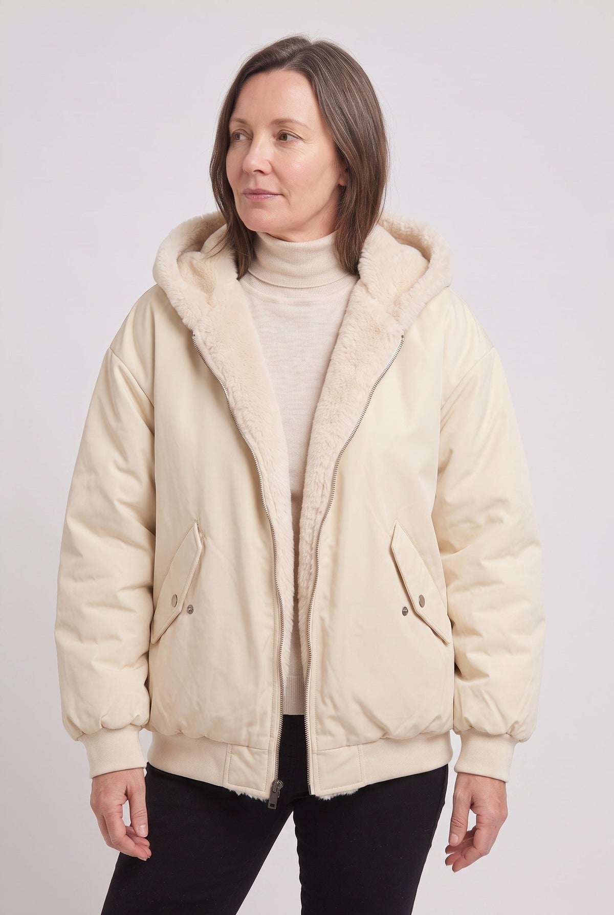 Oversized Hooded Puffer Jacket with Faux Fur Trim - White