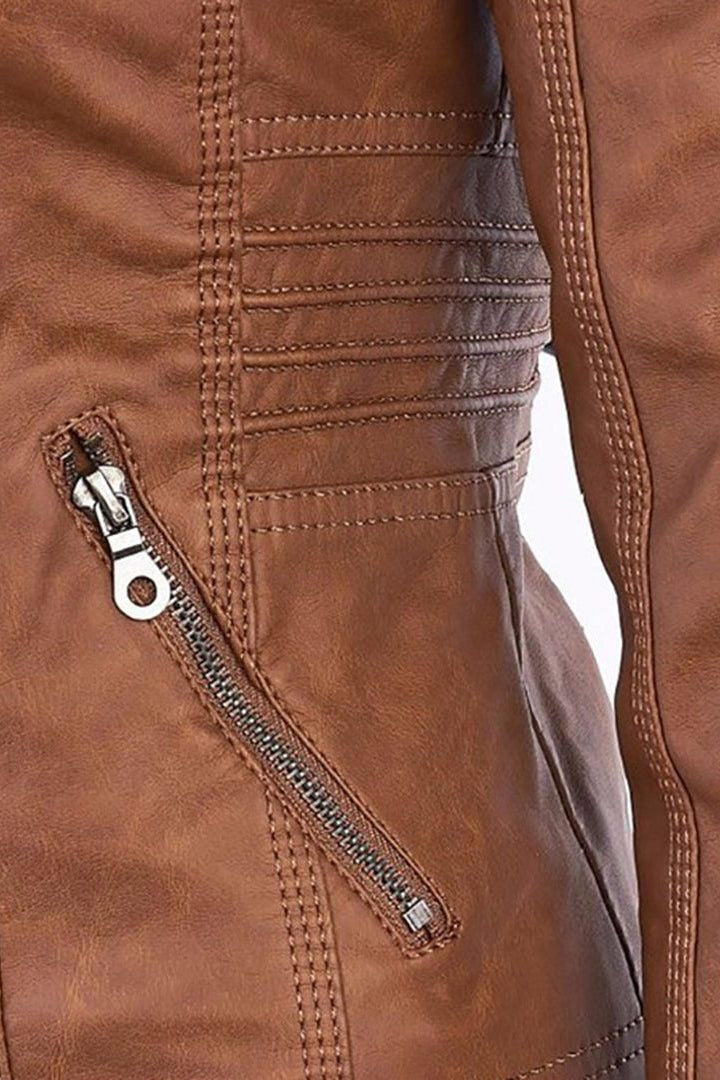 Hooded Leather-Look Zip Jacket - Light Brown