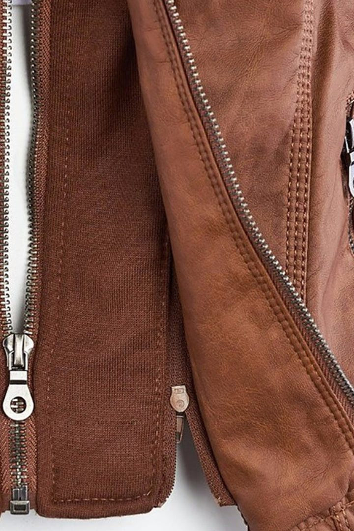 Hooded Leather-Look Zip Jacket - Light Brown