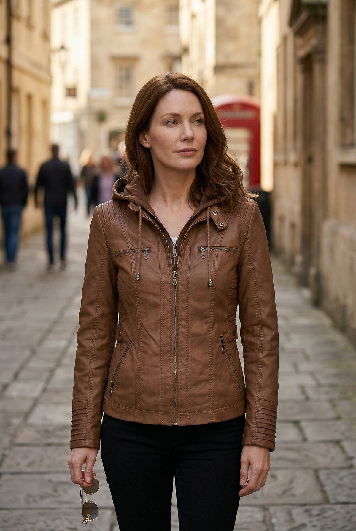 Hooded Leather-Look Zip Jacket - Light Brown