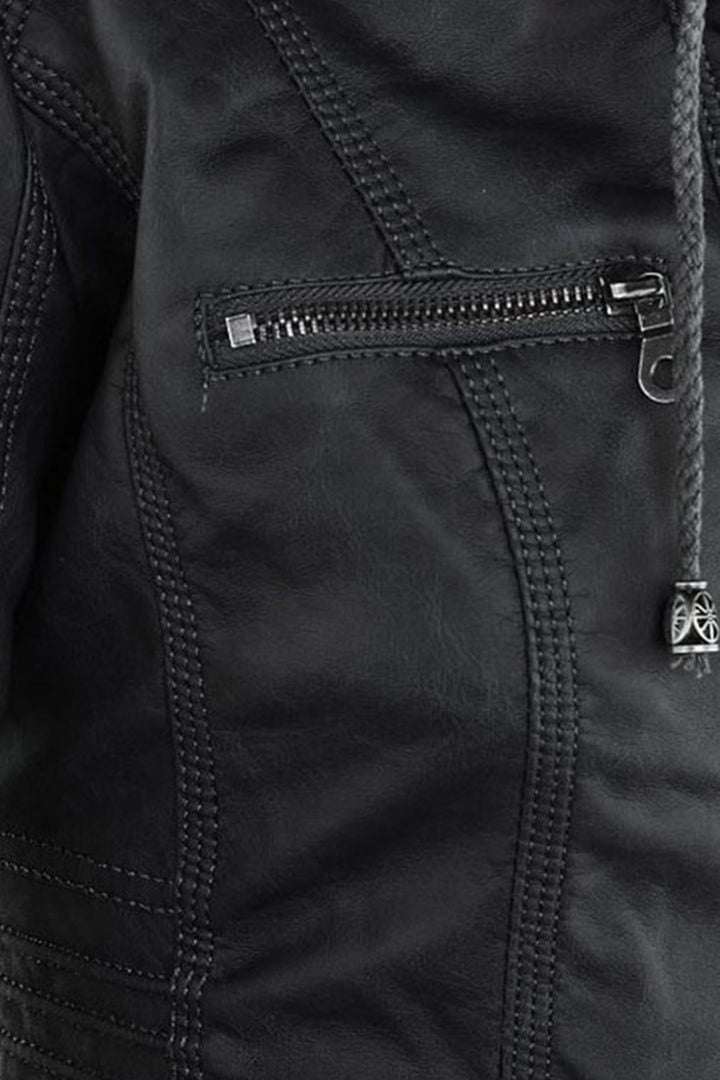 Hooded Leather-Look Zip Jacket - Black