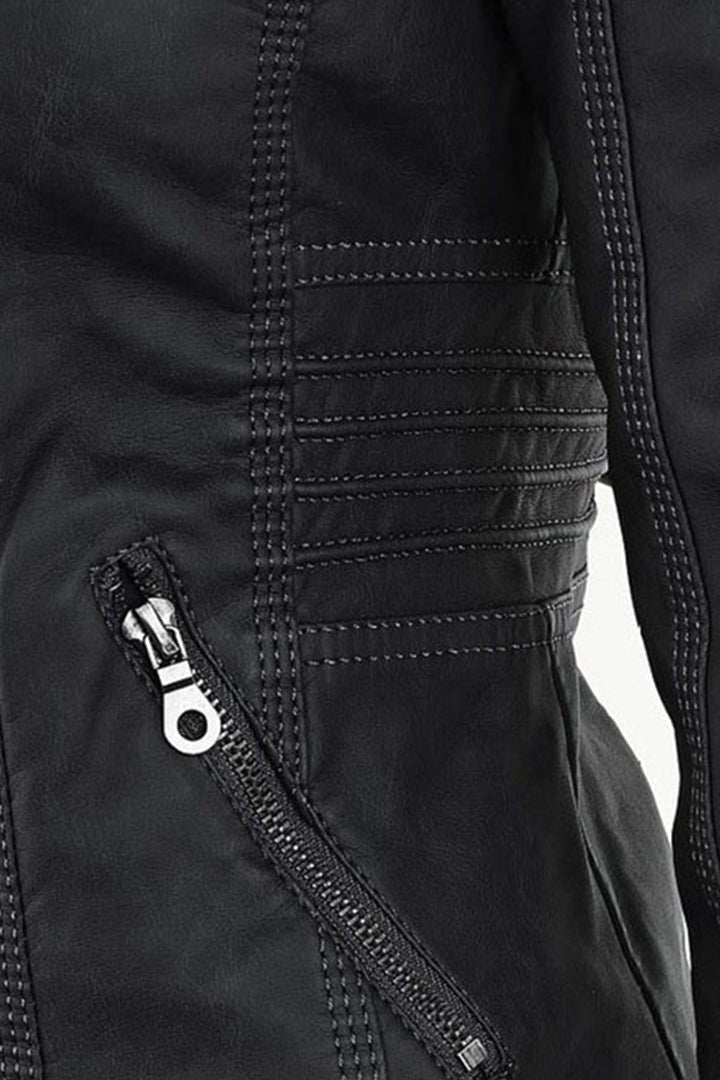 Hooded Leather-Look Zip Jacket - Black