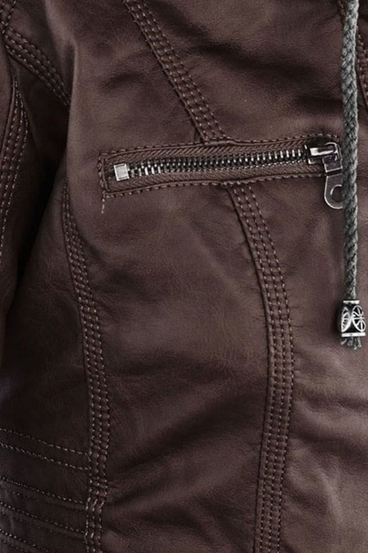 Hooded Leather-Look Zip Jacket - Brown