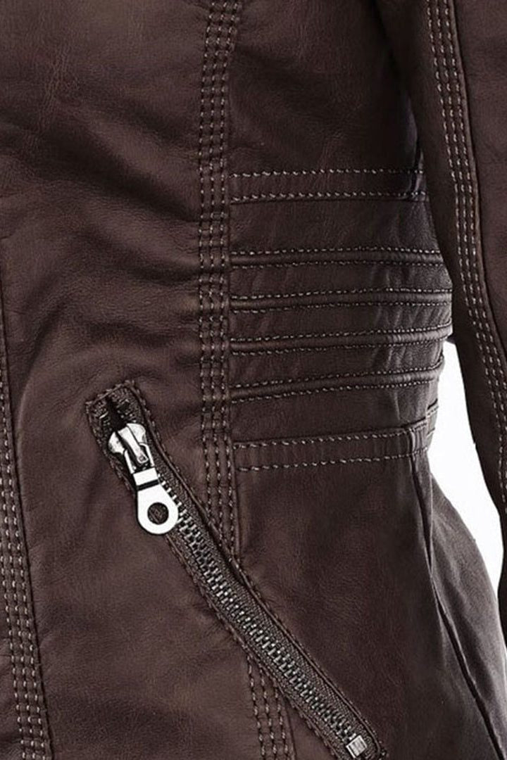 Hooded Leather-Look Zip Jacket - Brown