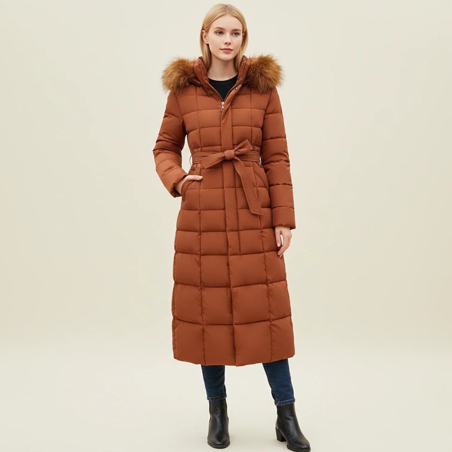 Belted Long Quilted Puffer Coat with Plush Trim - Caramel