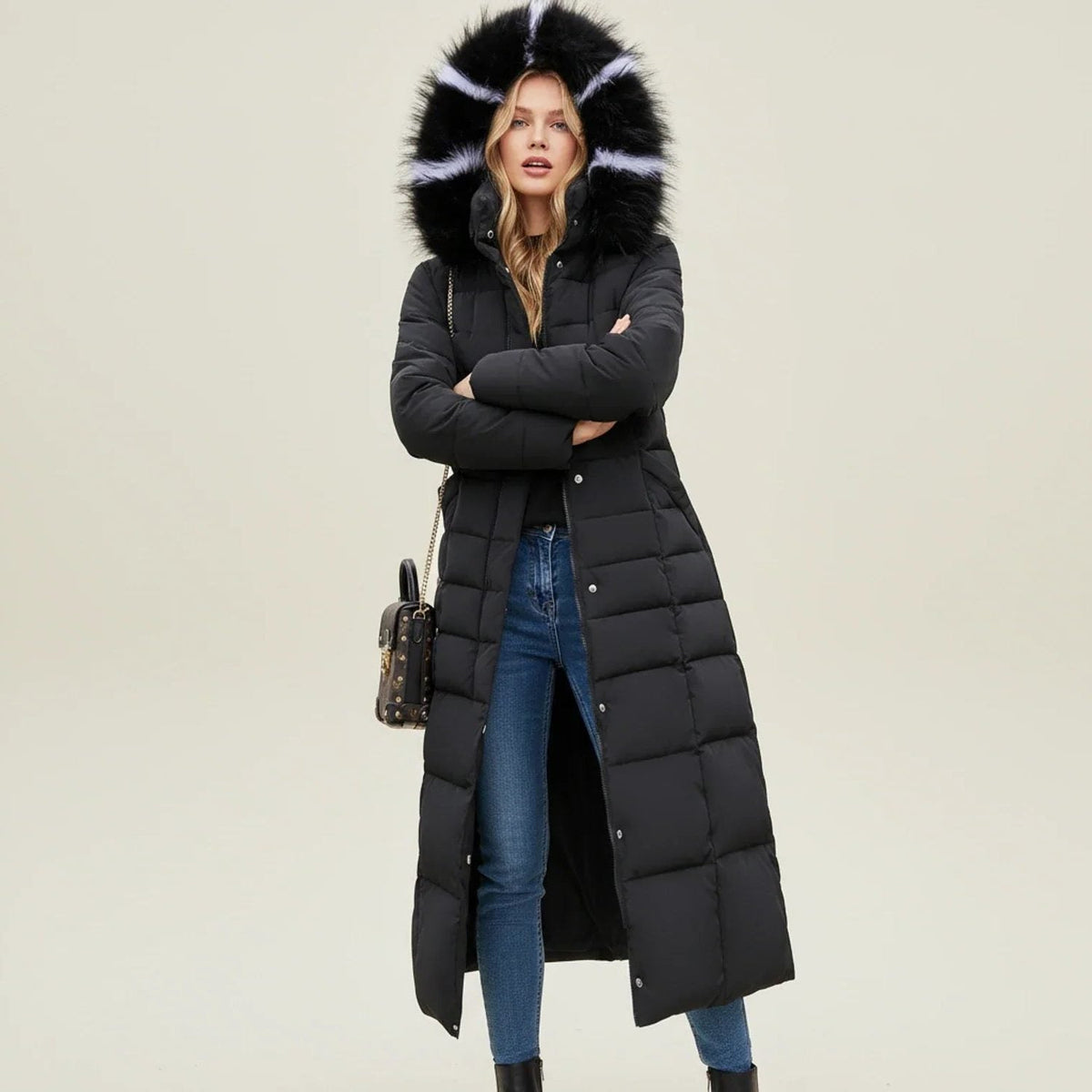 Belted Long Quilted Puffer Coat with Plush Trim - Black