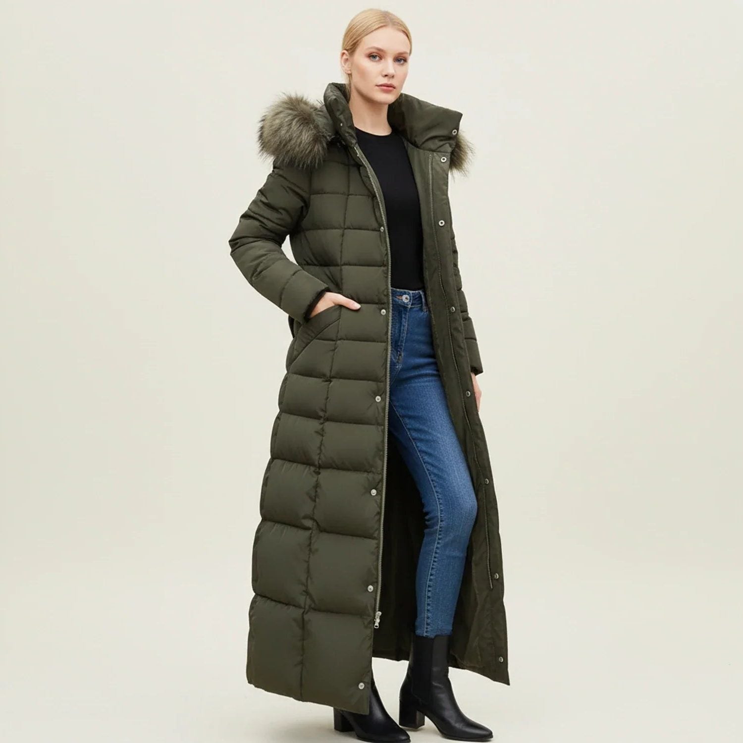 Belted Long Quilted Puffer Coat with Plush Trim - Army Green