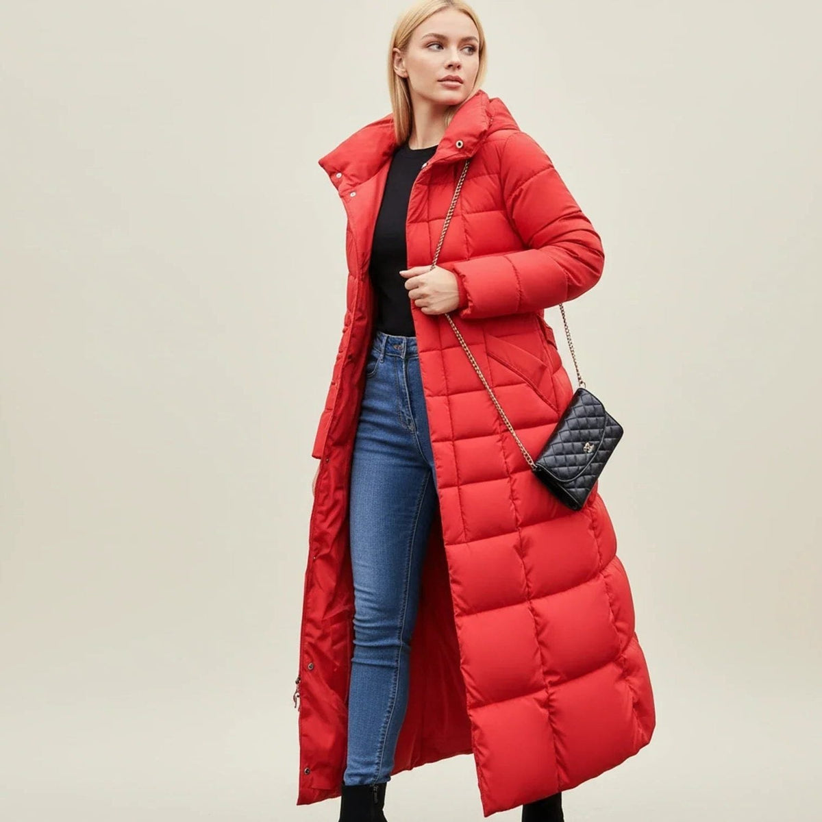 Belted Long Quilted Puffer Coat with Plush Trim - Red