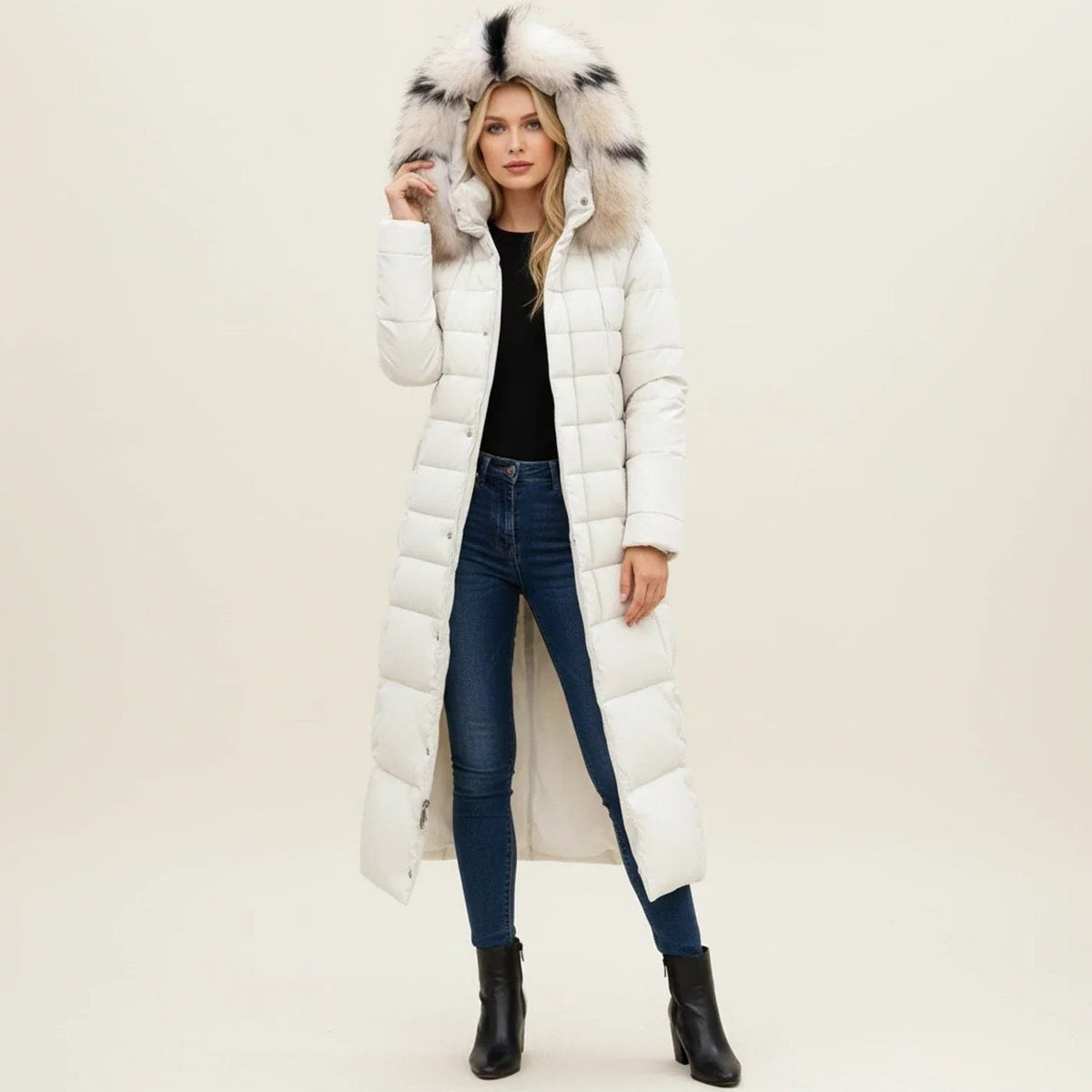 Belted Long Quilted Puffer Coat with Plush Trim - Off White