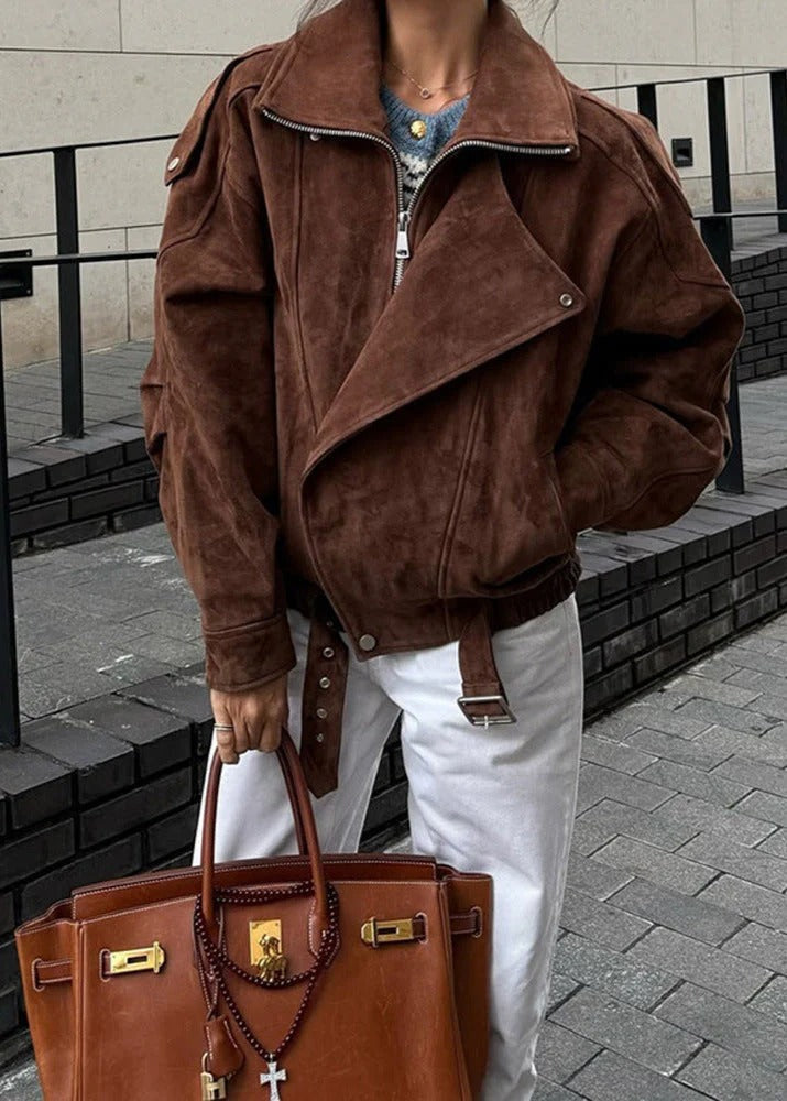 Oversized Faux Suede Biker-Style Bomber Jacket - Brown