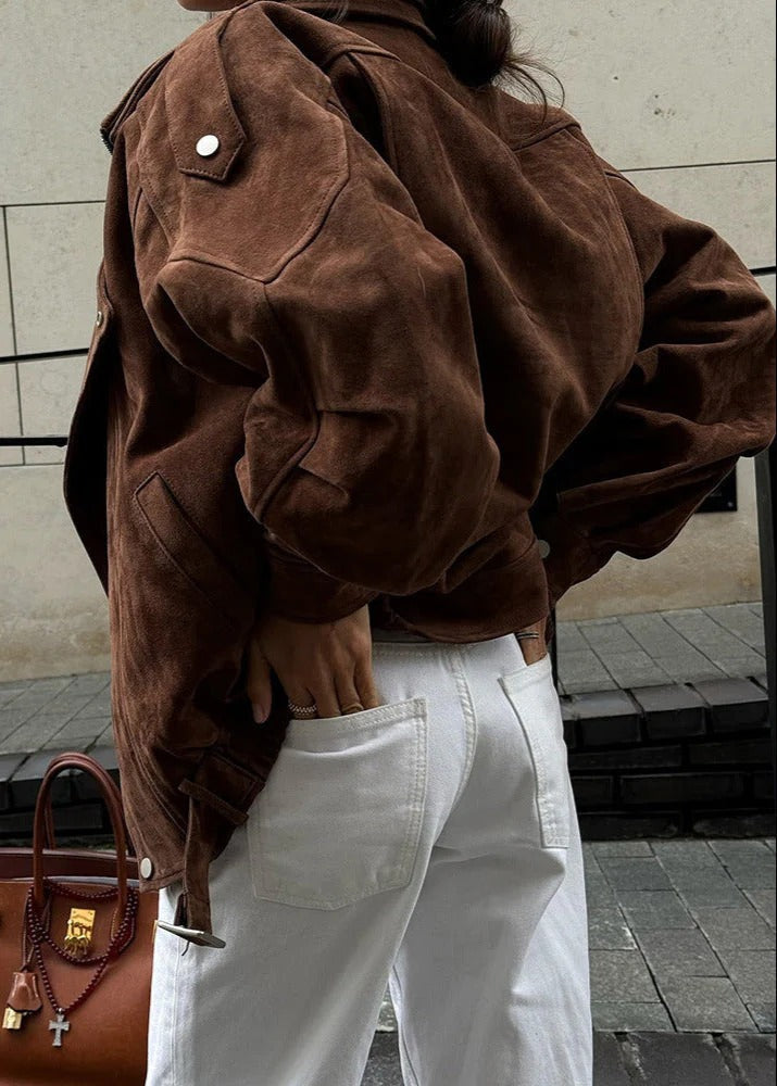 Oversized Faux Suede Biker-Style Bomber Jacket - Brown