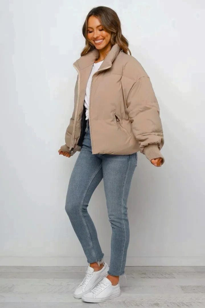 Cropped Puffer Jacket with Wide Foldover Collar - Khaki