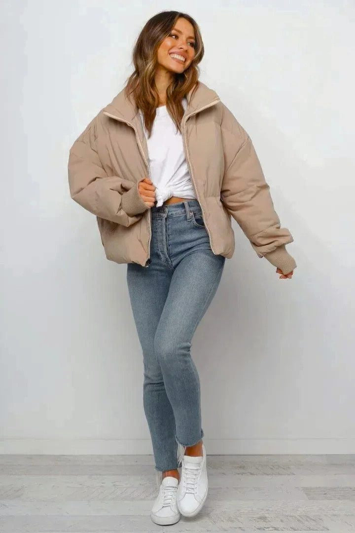 Cropped Puffer Jacket with Wide Foldover Collar - Khaki